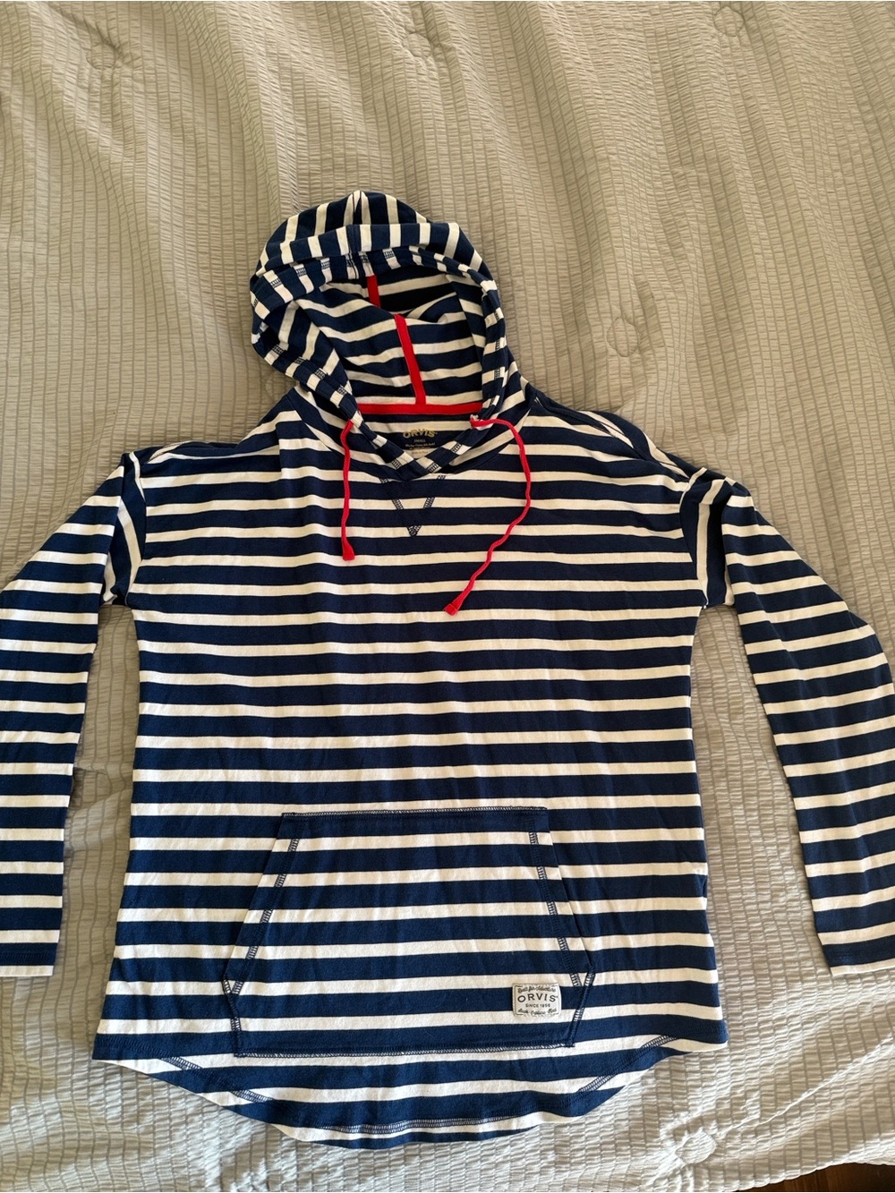 Orvis Navy & White Striped Hoodie with Red Trim
